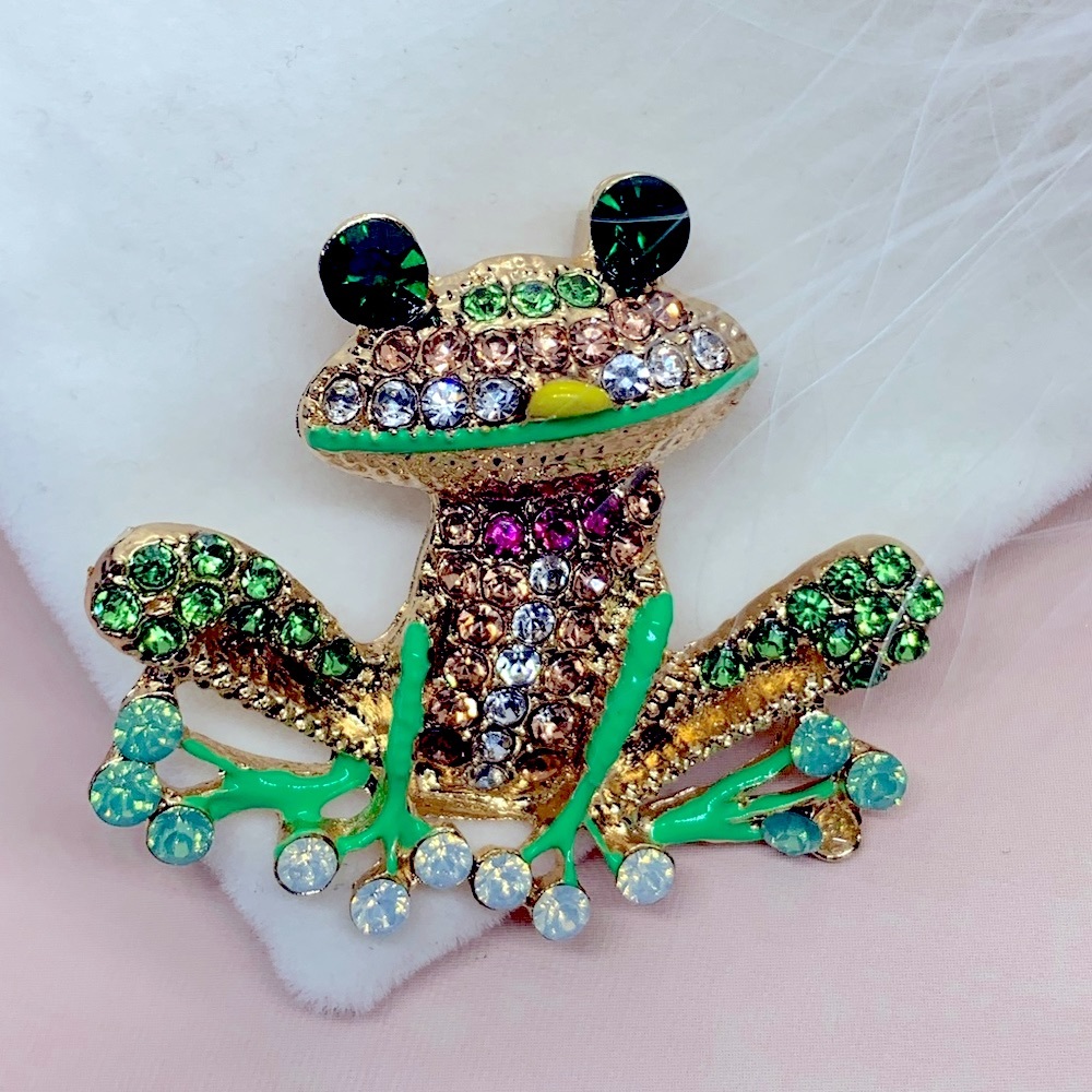 Cute Rhinestone Green Frog Brooch
